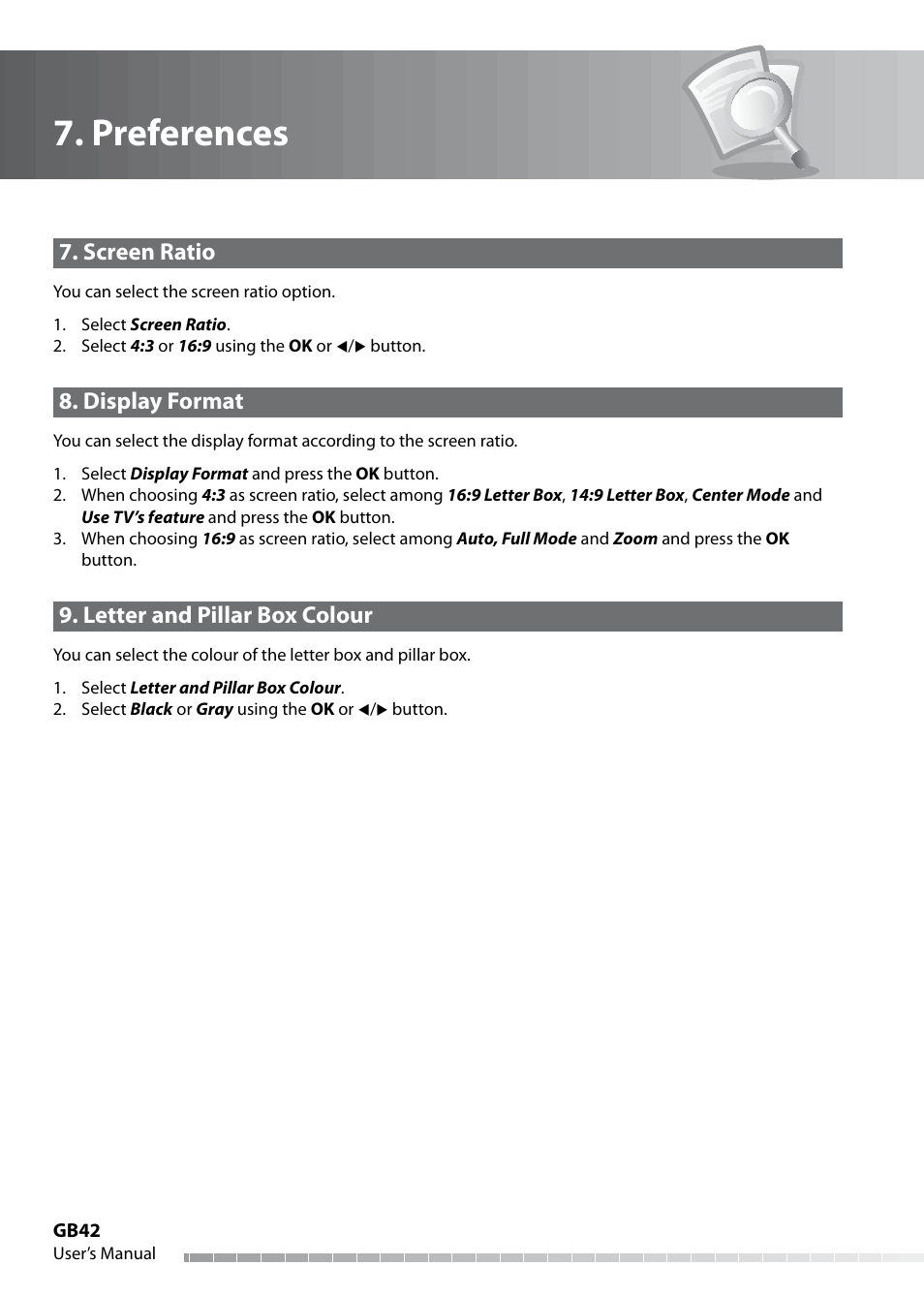 Preferences, Screen ratio, Display format | Letter and pillar box colour | Humax IHDR-5050C User Manual | Page 43 / 110