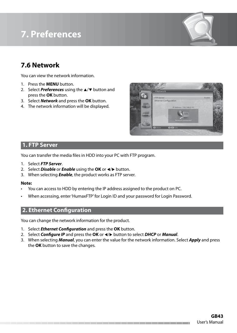 Preferences, 6 network, Ftp server | Ethernet configuration | Humax IHDR-5050C User Manual | Page 44 / 110