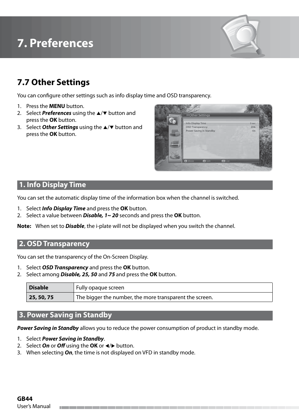 Preferences, 7 other settings, Info display time | Osd transparency, Power saving in standby | Humax IHDR-5050C User Manual | Page 45 / 110