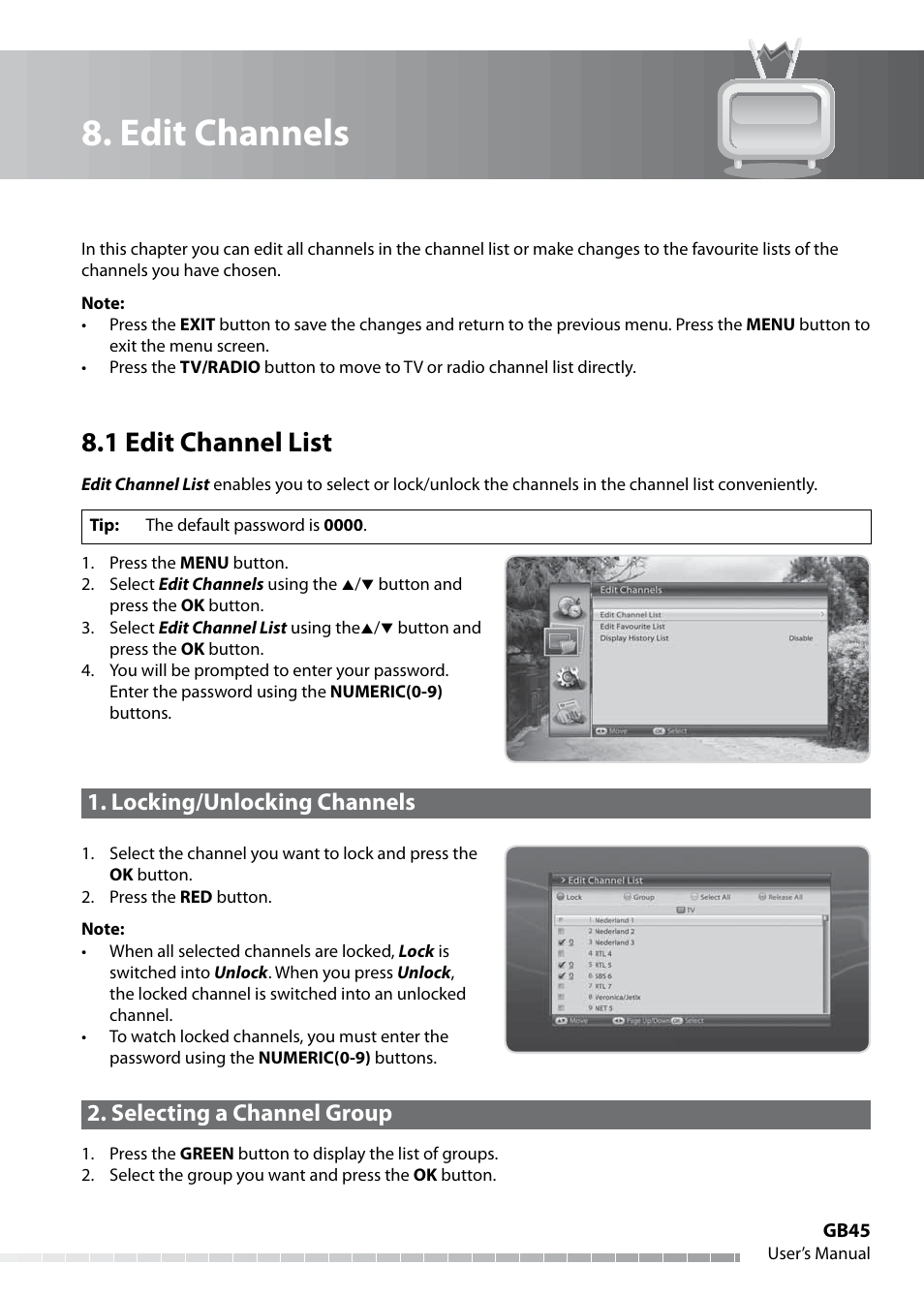 Edit channels, 1 edit channel list, Locking/unlocking channels | Selecting a channel group | Humax IHDR-5050C User Manual | Page 46 / 110