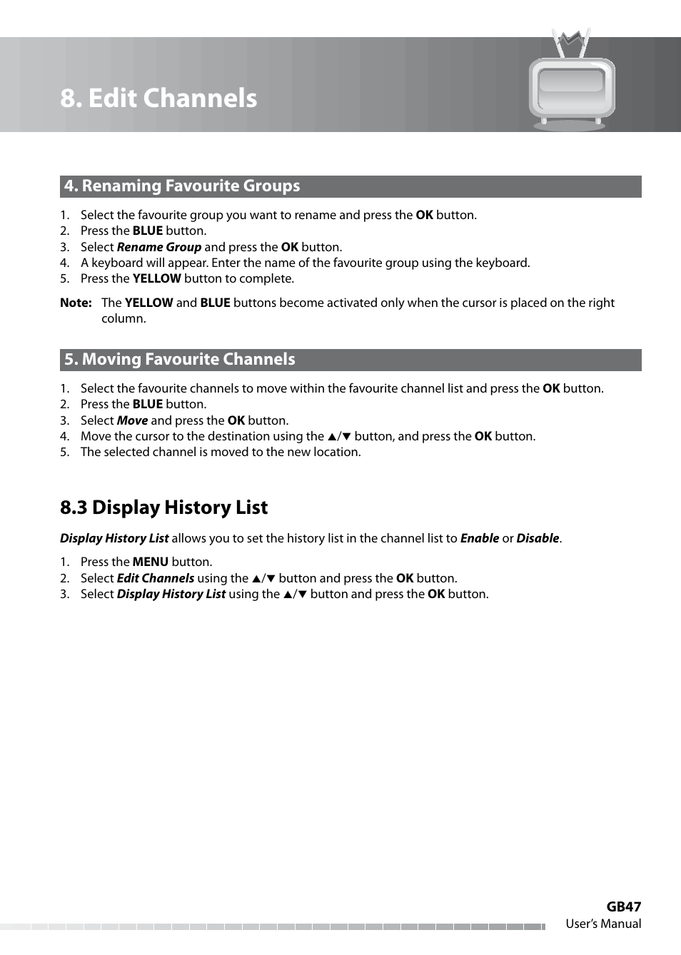 Edit channels, 3 display history list | Humax IHDR-5050C User Manual | Page 48 / 110
