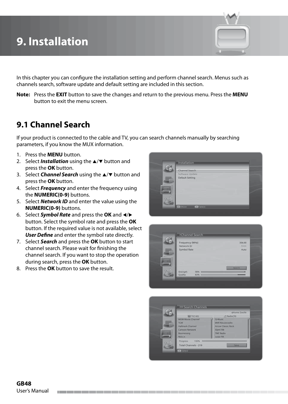 Installation, 1 channel search | Humax IHDR-5050C User Manual | Page 49 / 110
