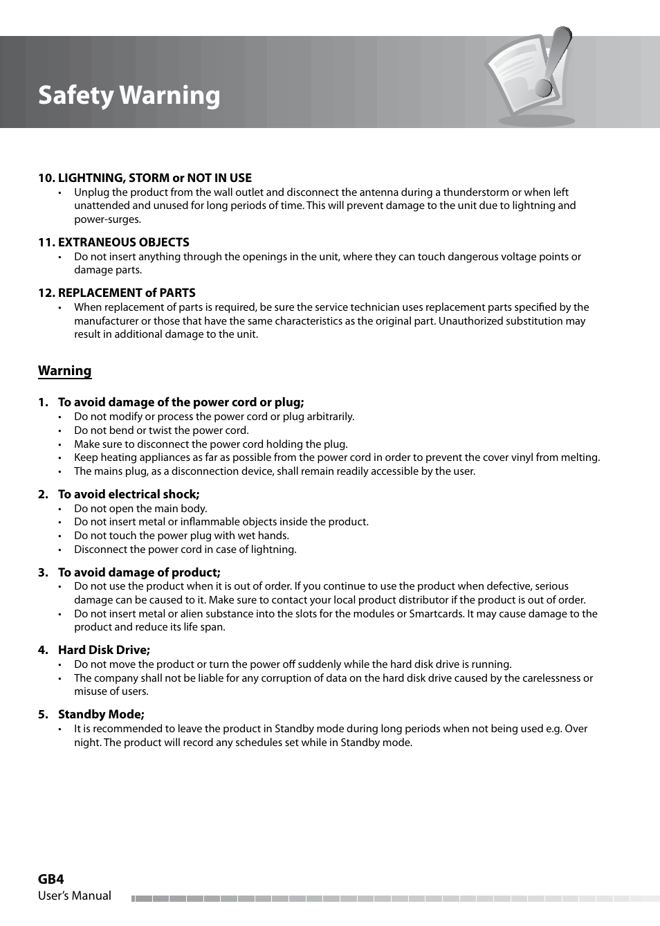 Safety warning | Humax IHDR-5050C User Manual | Page 5 / 110