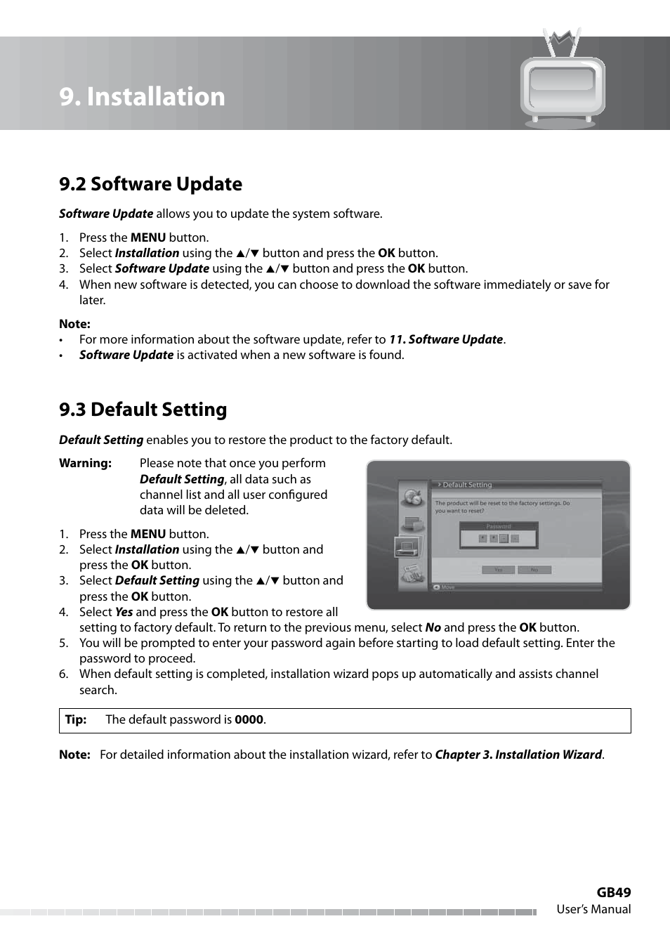 Installation, 2 software update, 3 default setting | Humax IHDR-5050C User Manual | Page 50 / 110