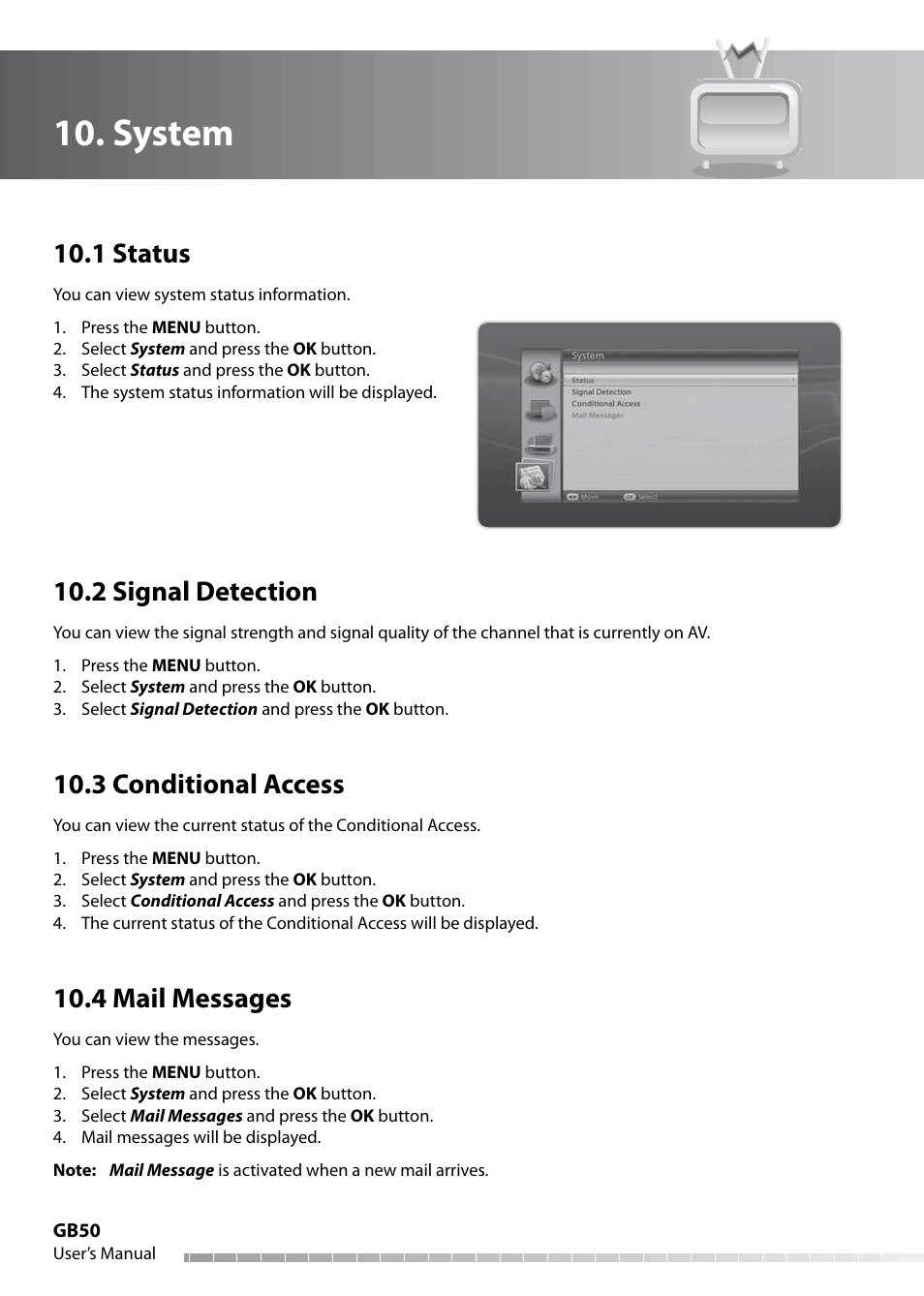 System, 1 status, 2 signal detection | 3 conditional access, 4 mail messages | Humax IHDR-5050C User Manual | Page 51 / 110