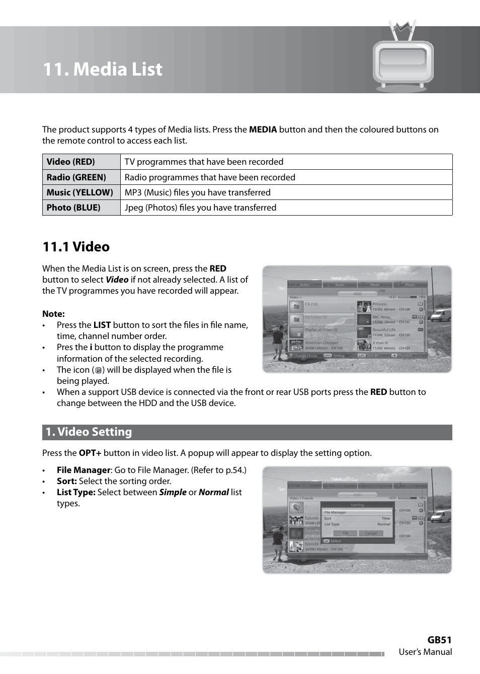 Media list, 1 video, Video setting | Humax IHDR-5050C User Manual | Page 52 / 110