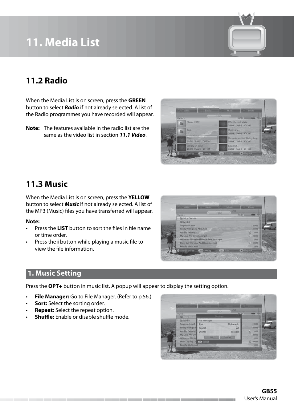 Media list, 2 radio, 3 music | Music setting | Humax IHDR-5050C User Manual | Page 56 / 110