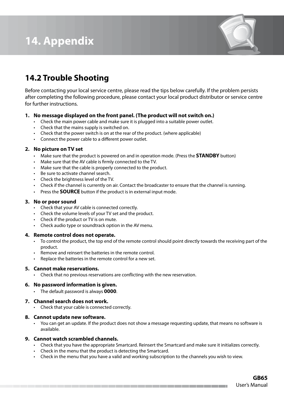 Appendix, 2 trouble shooting | Humax IHDR-5050C User Manual | Page 66 / 110