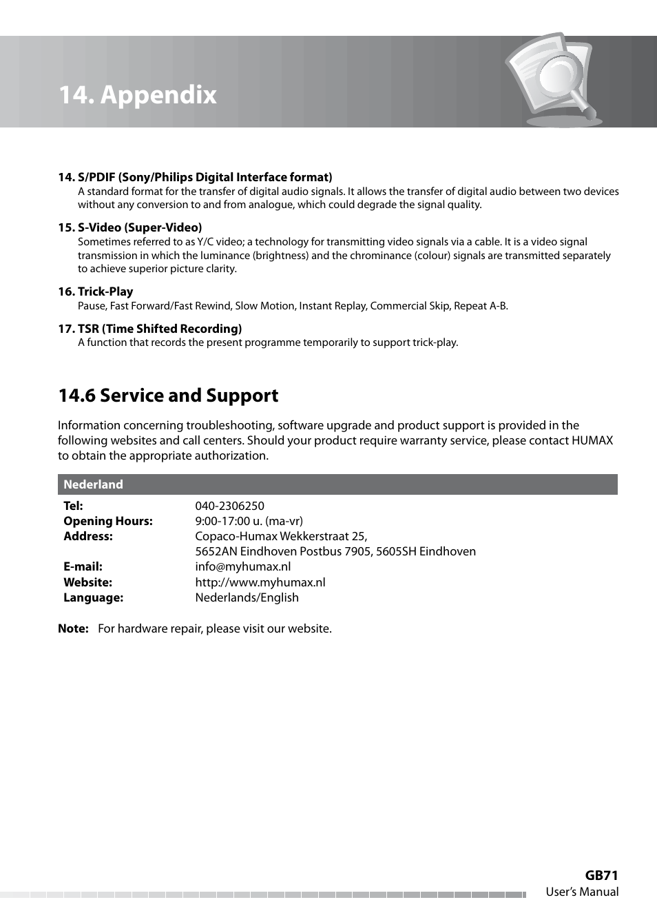 Appendix, 6 service and support | Humax IHDR-5050C User Manual | Page 72 / 110
