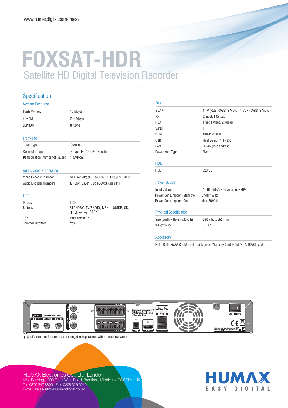 Foxsat-hdr, Satellite hd digital television recorder, Specification | Humax FOXSAT-HDR User Manual | Page 2 / 2