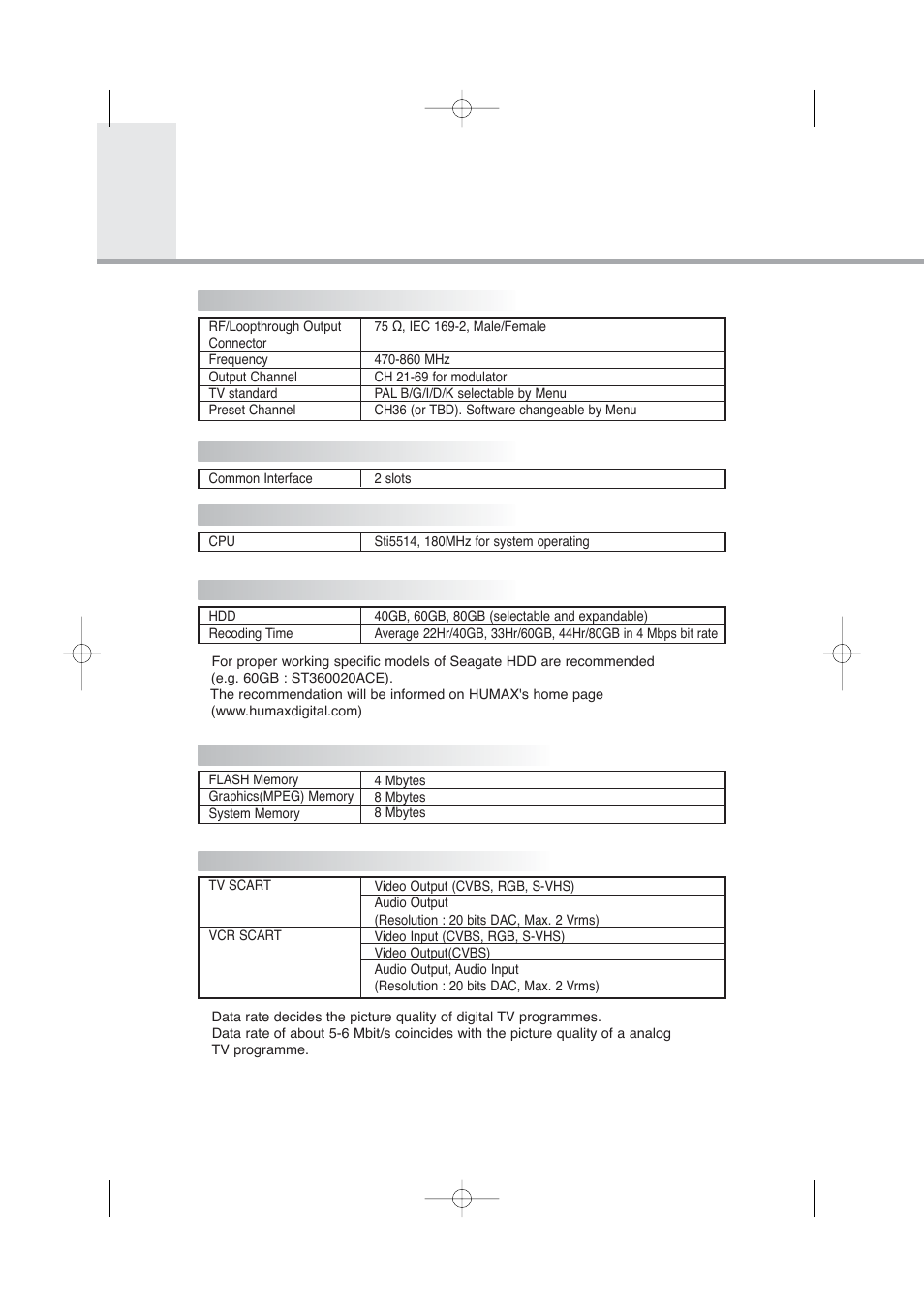 Specification | Humax PVR-8000 User Manual | Page 59 / 62