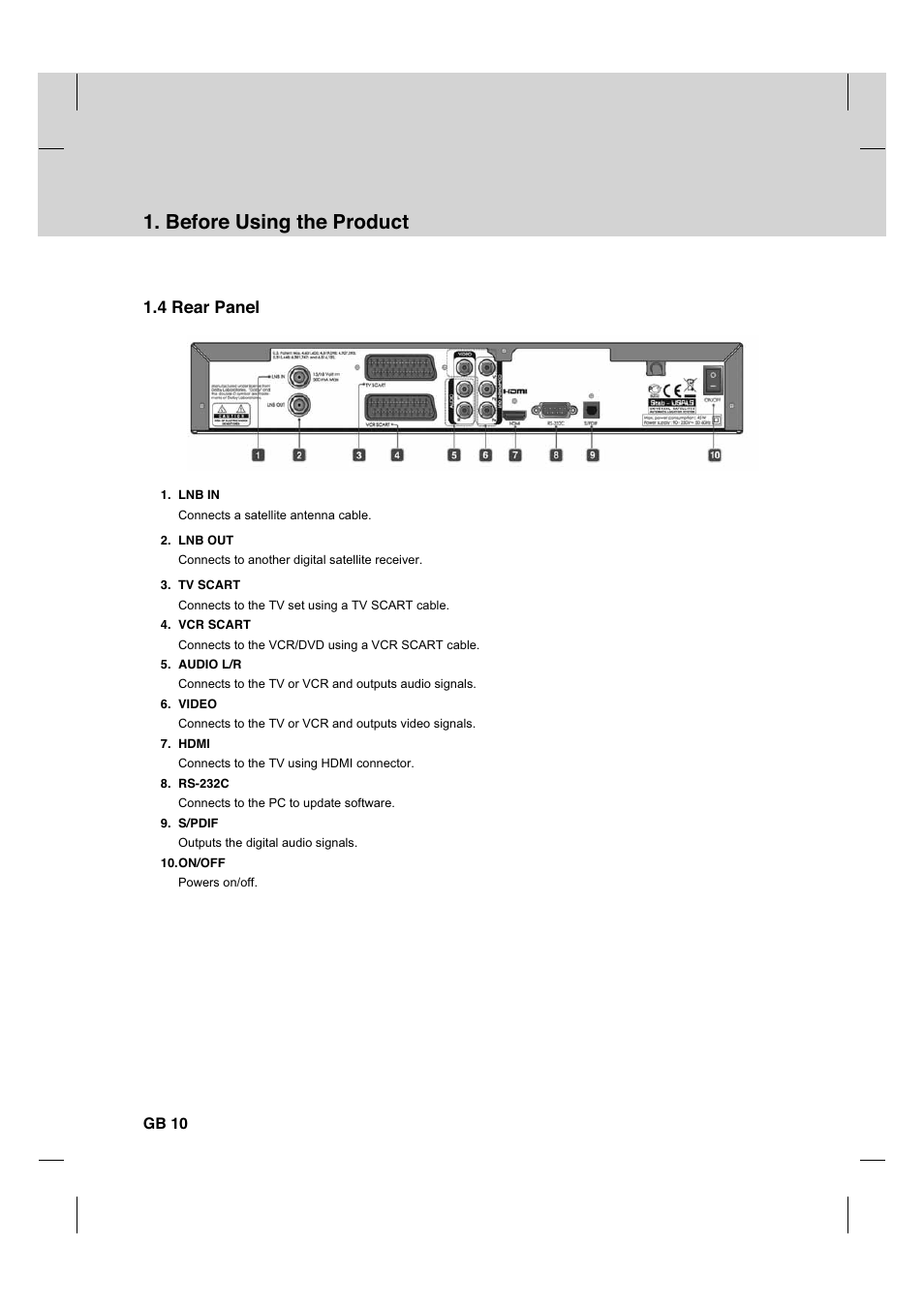 Before using the product, 4 rear panel, Gb 10 | Humax HDCI-2000 User Manual | Page 11 / 86