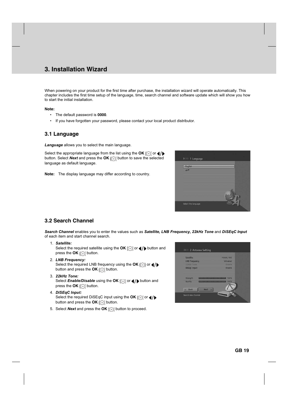 Installation wizard, 1 language, 2 search channel | Gb 19 | Humax HDCI-2000 User Manual | Page 20 / 86