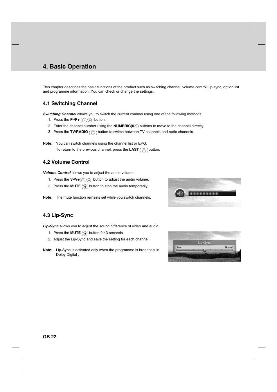 Basic operation, 1 switching channel, 2 volume control | 3 lip-sync, Gb 22 | Humax HDCI-2000 User Manual | Page 23 / 86