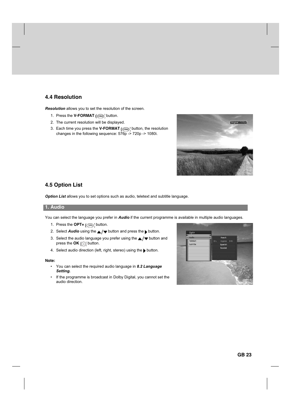 4 resolution, 5 option list, Audio | Gb 23 | Humax HDCI-2000 User Manual | Page 24 / 86