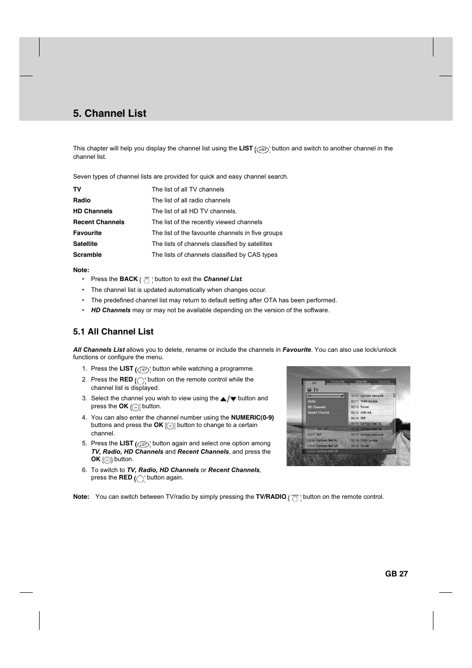 Channel list, 1 all channel list, Gb 27 | Humax HDCI-2000 User Manual | Page 28 / 86