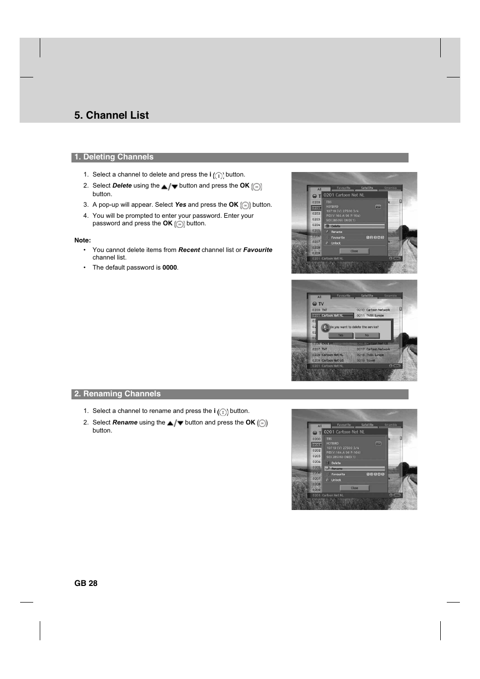 Channel list, Deleting channels, Renaming channels | Gb 28 | Humax HDCI-2000 User Manual | Page 29 / 86