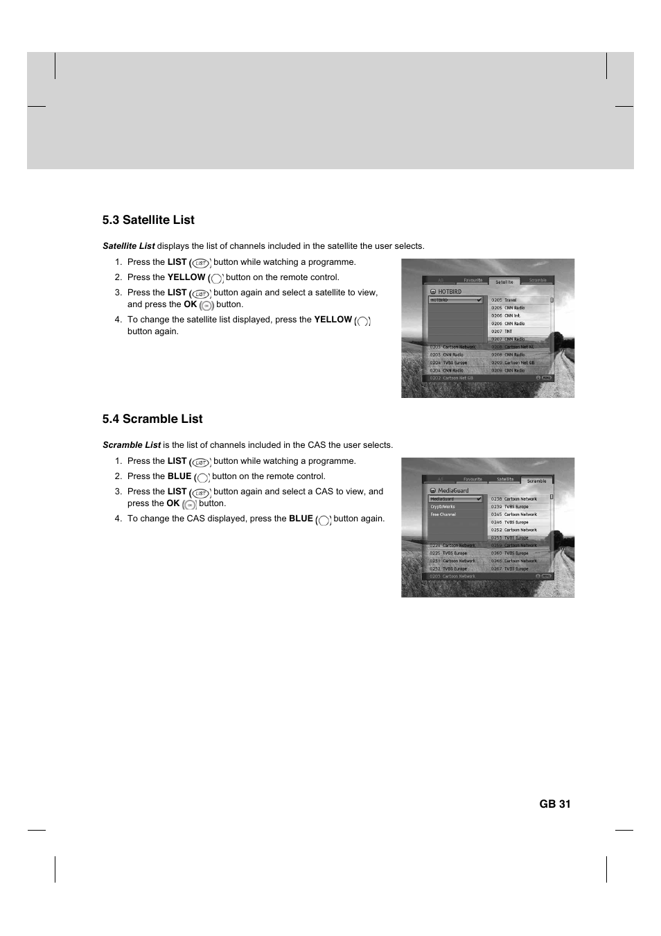 3 satellite list, 4 scramble list | Humax HDCI-2000 User Manual | Page 32 / 86