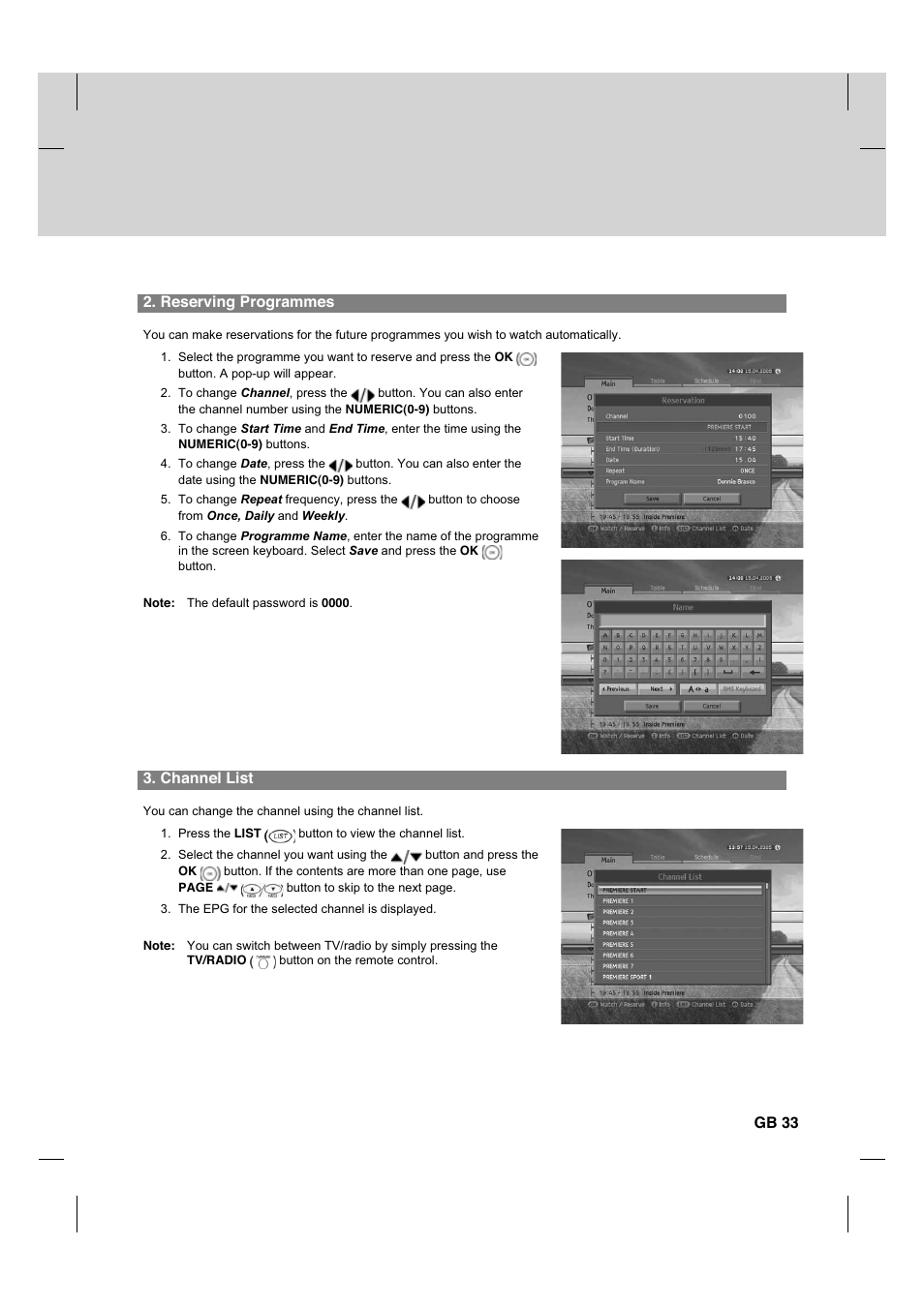 Reserving programmes, Channel list, Gb 33 | Humax HDCI-2000 User Manual | Page 34 / 86