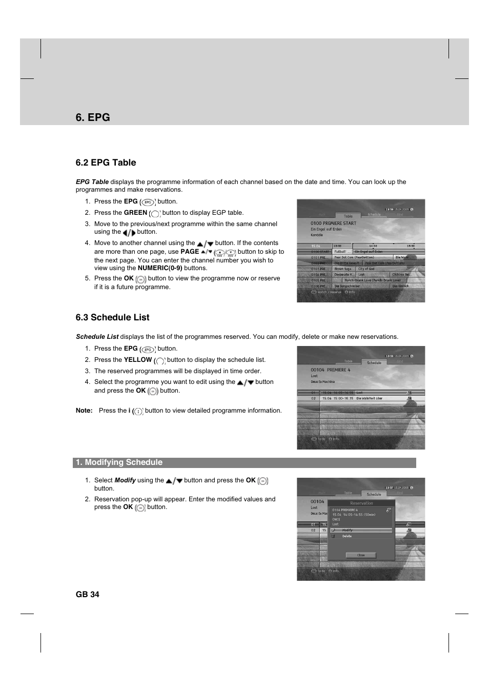 2 epg table, 3 schedule list, Modifying schedule | Gb 34 | Humax HDCI-2000 User Manual | Page 35 / 86