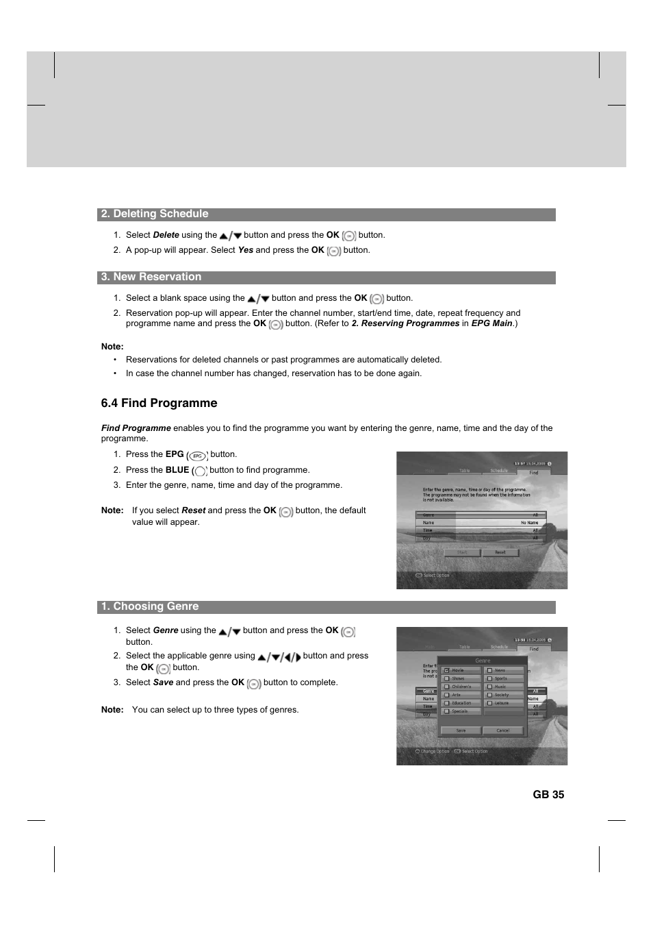 4 find programme, Deleting schedule, New reservation | Choosing genre, Gb 35 | Humax HDCI-2000 User Manual | Page 36 / 86