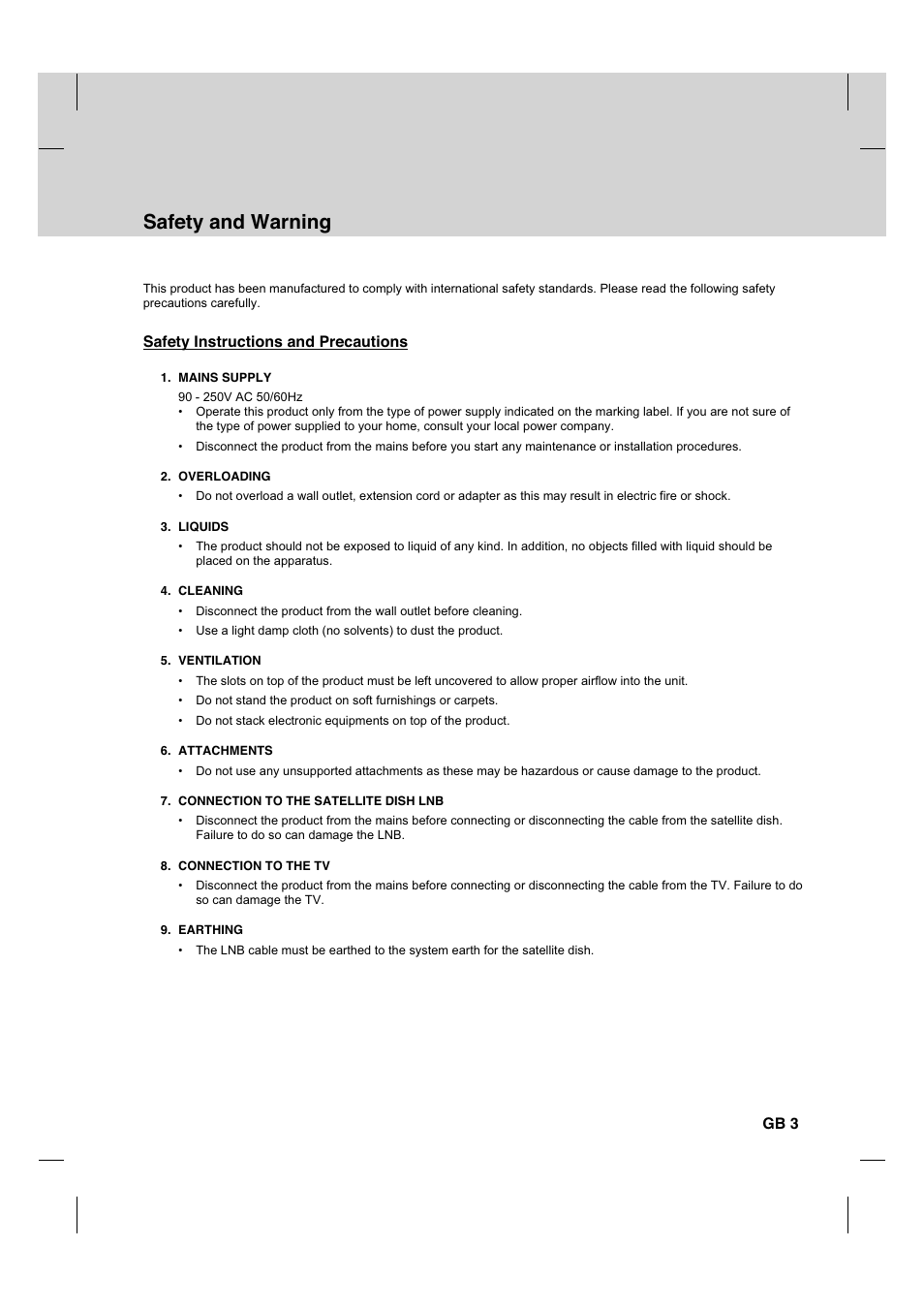 Safety and warning, Safety instructions and precautions, Gb 3 | Humax HDCI-2000 User Manual | Page 4 / 86