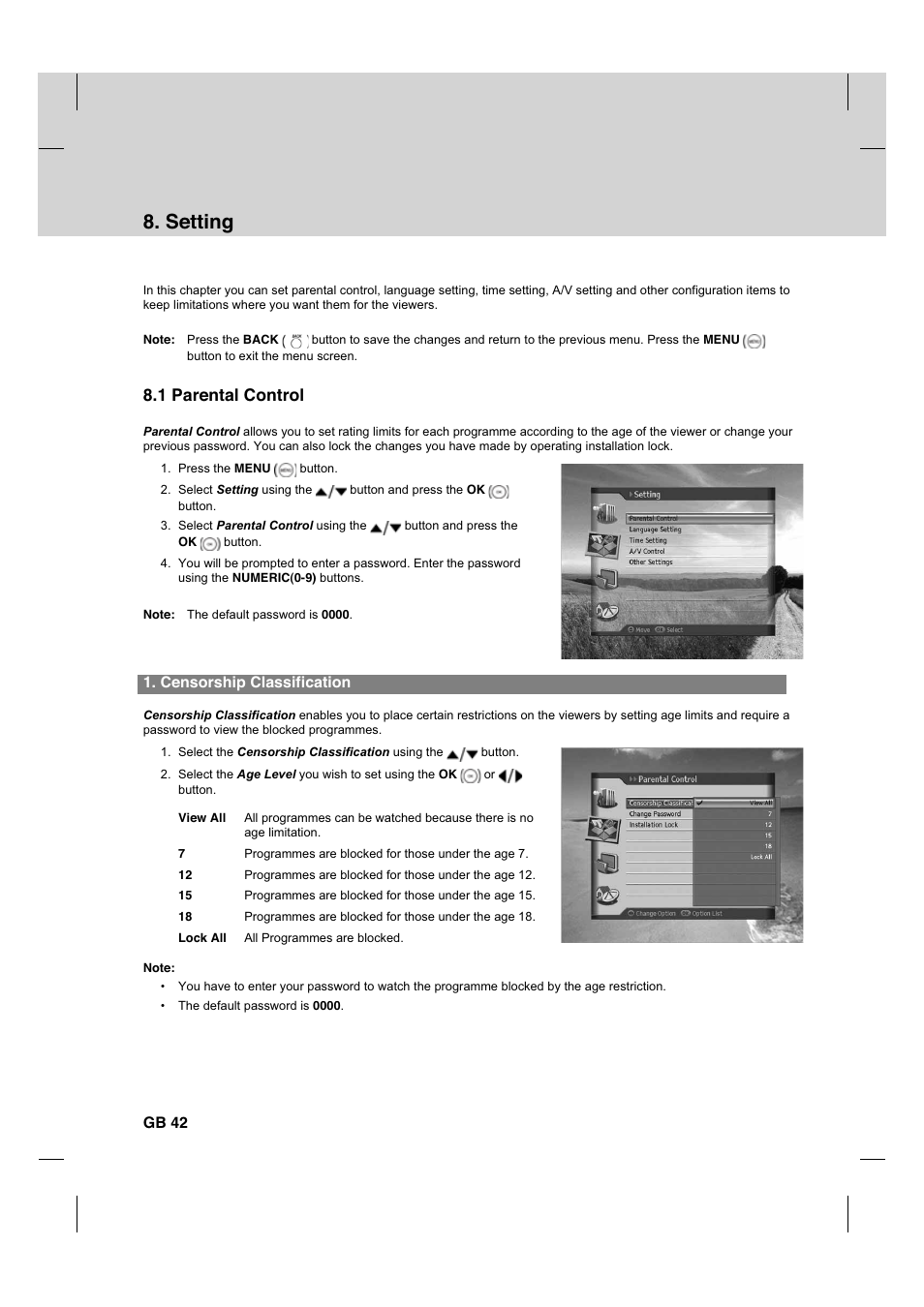 Setting, 1 parental control, Censorship classification | Gb 42 | Humax HDCI-2000 User Manual | Page 43 / 86