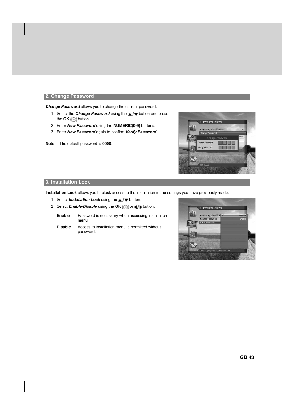 Change password, Installation lock, Gb 43 | Humax HDCI-2000 User Manual | Page 44 / 86