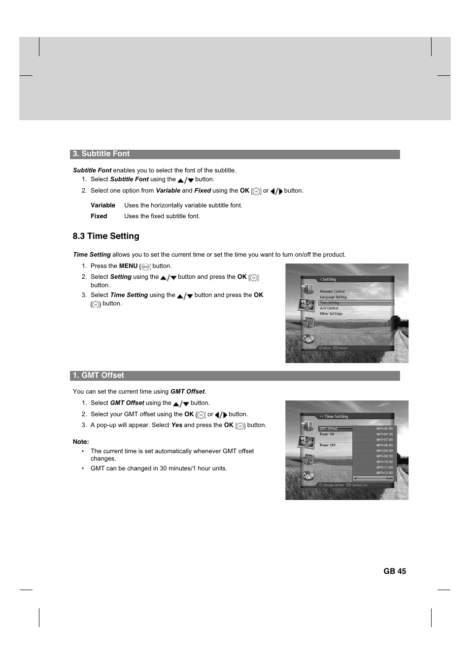 3 time setting, Subtitle font, Gmt offset | Gb 45 | Humax HDCI-2000 User Manual | Page 46 / 86