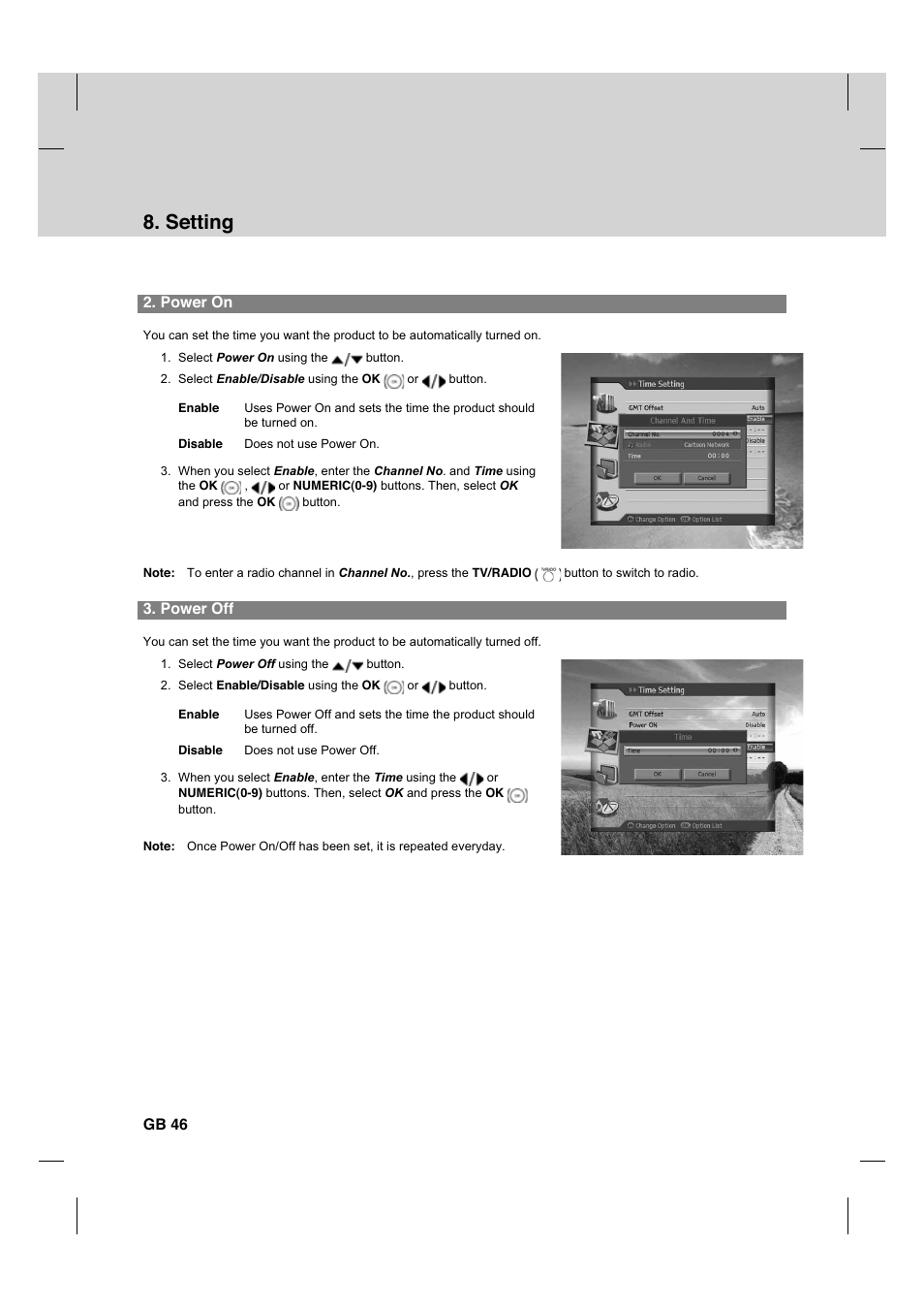 Setting, Power on, Power off | Gb 46 | Humax HDCI-2000 User Manual | Page 47 / 86