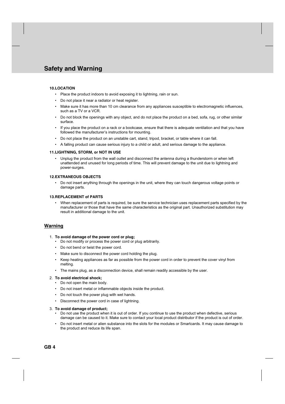 Safety and warning, Warning, Gb 4 | Humax HDCI-2000 User Manual | Page 5 / 86