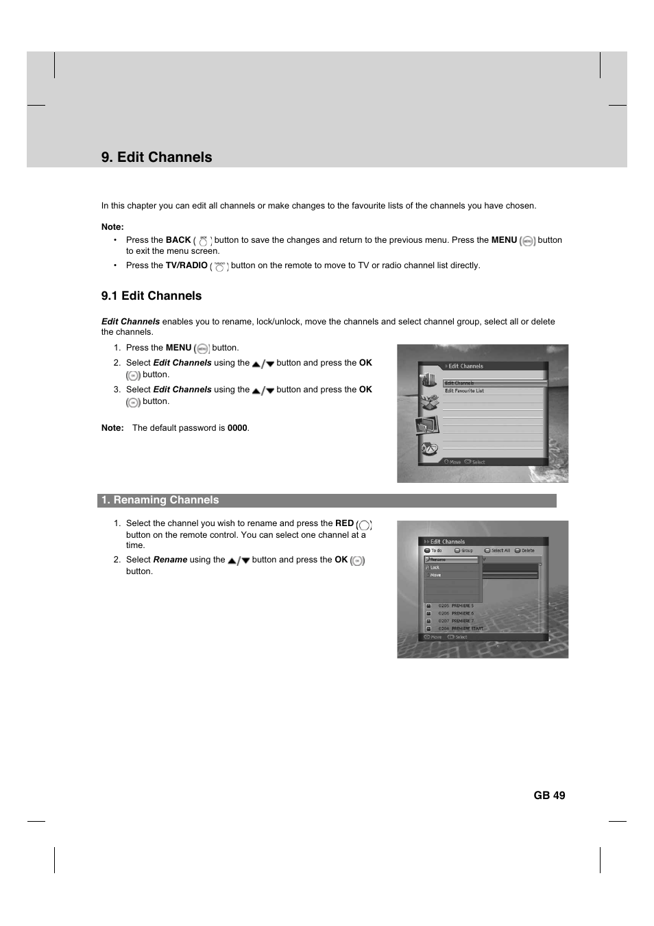 Edit channels, 1 edit channels, Renaming channels | Gb 49 | Humax HDCI-2000 User Manual | Page 50 / 86