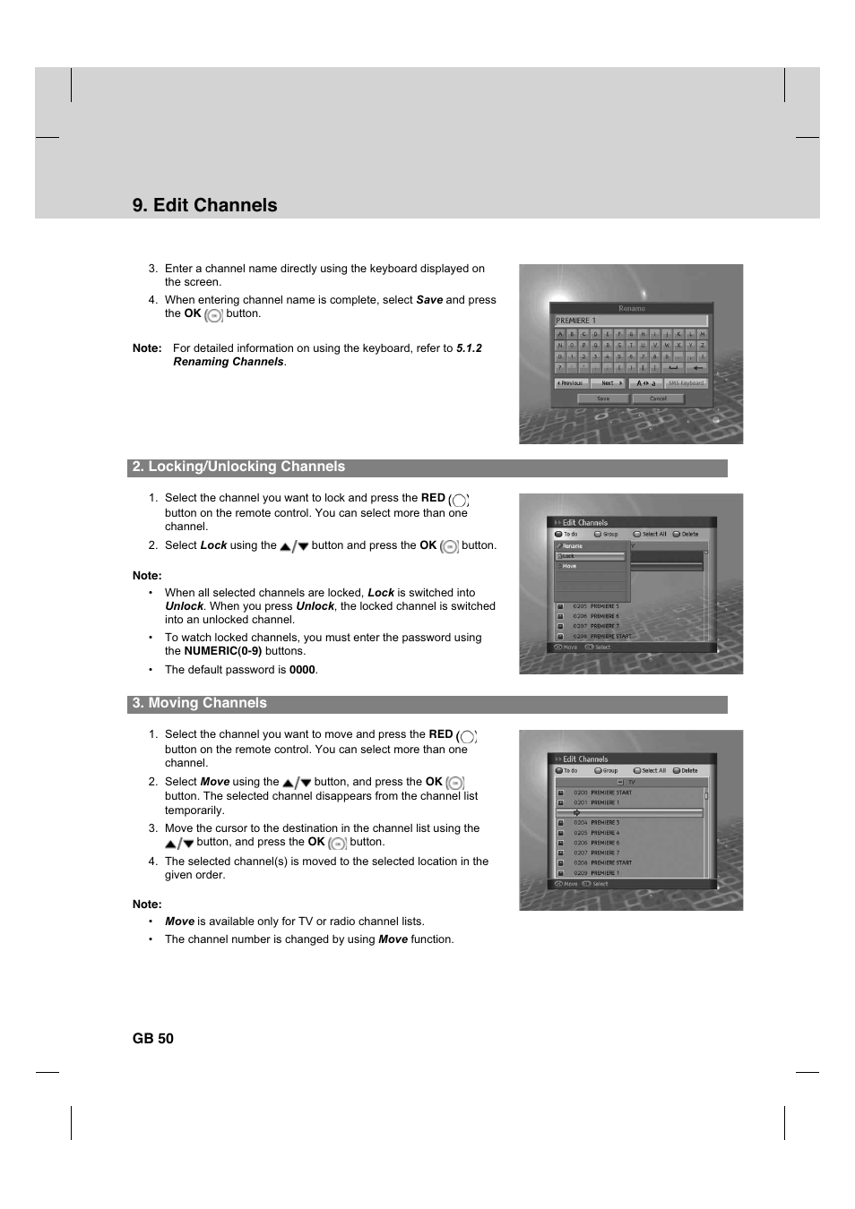 Edit channels, Locking/unlocking channels, Moving channels | Gb 50 | Humax HDCI-2000 User Manual | Page 51 / 86