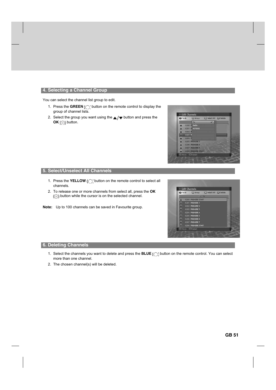 Selecting a channel group, Select/unselect all channels, Deleting channels | Gb 51 | Humax HDCI-2000 User Manual | Page 52 / 86