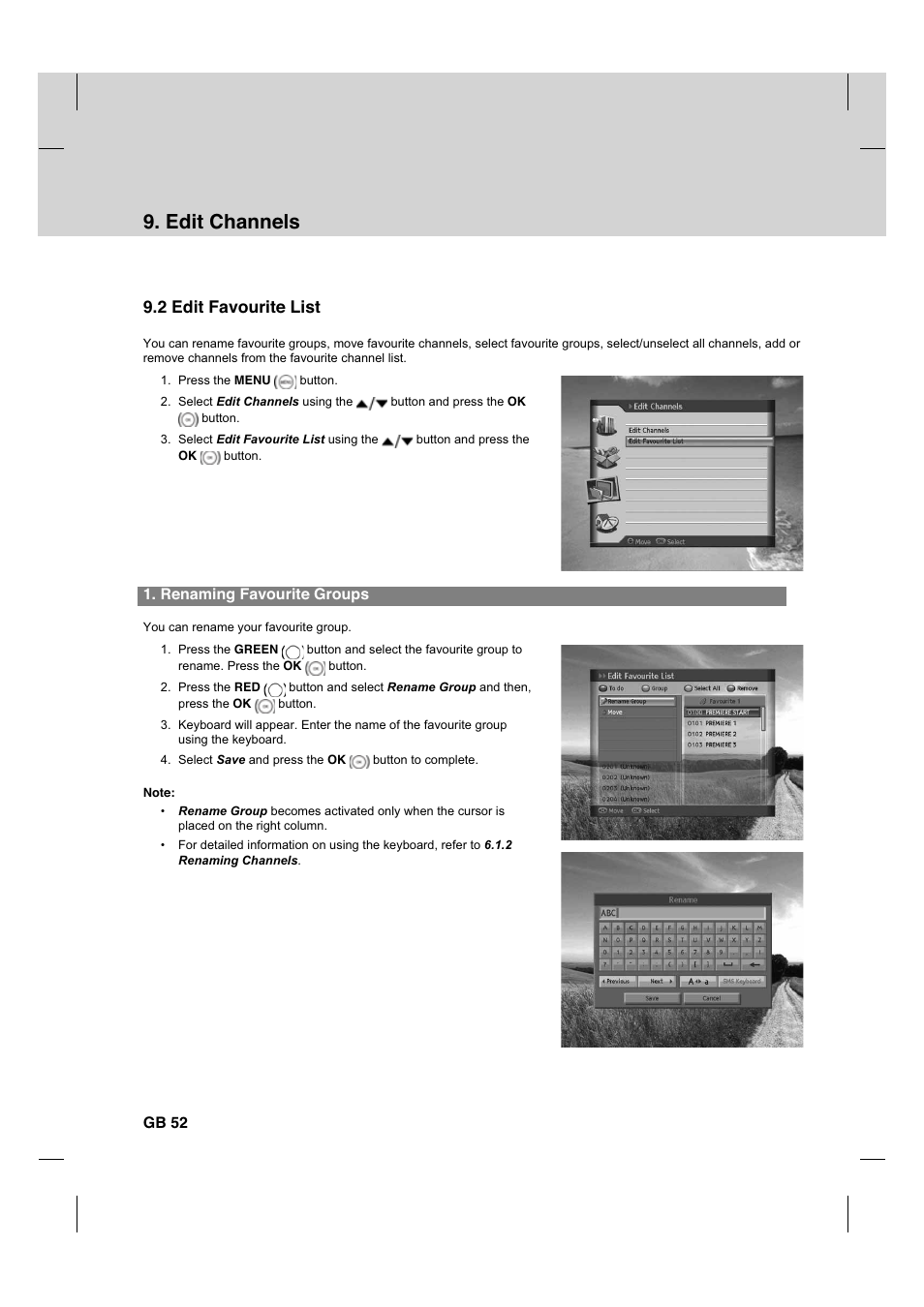 Edit channels, 2 edit favourite list, Renaming favourite groups | Gb 52 | Humax HDCI-2000 User Manual | Page 53 / 86