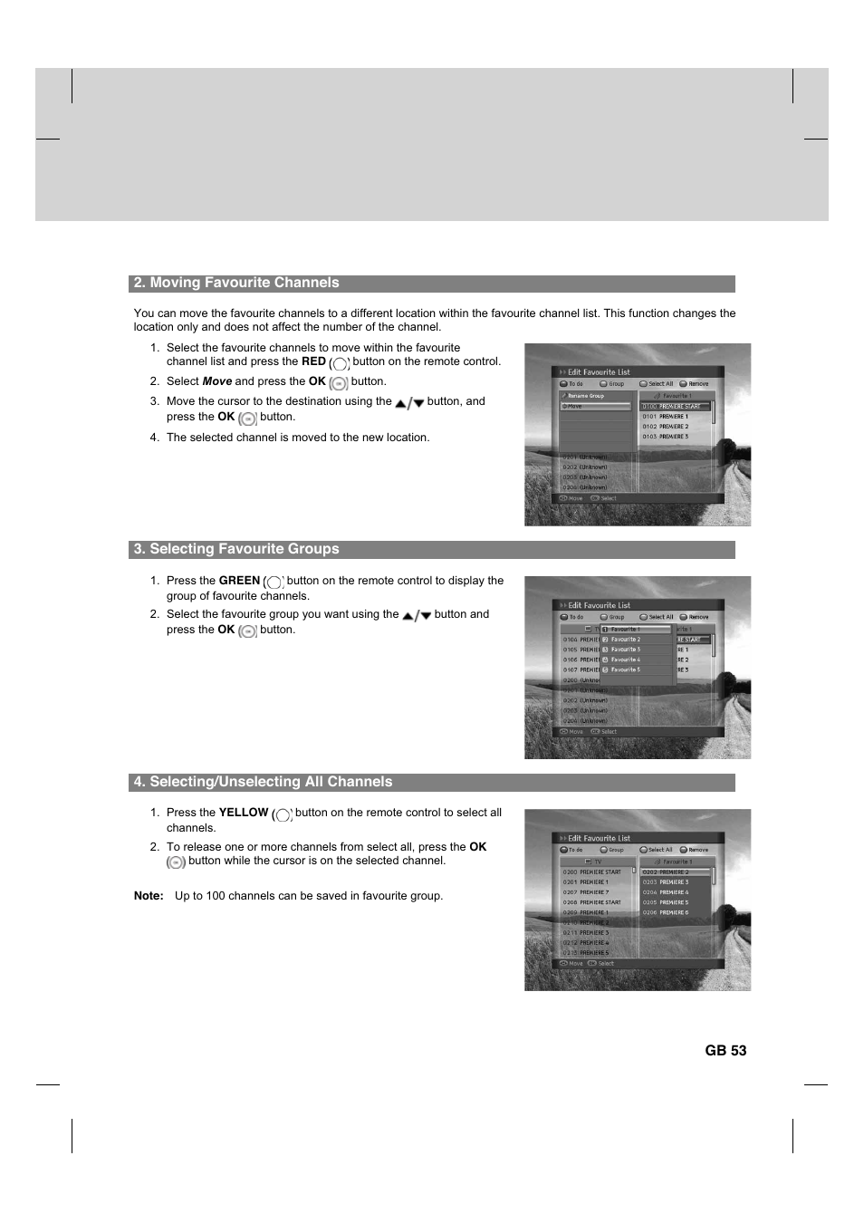Moving favourite channels, Selecting favourite groups, Selecting/unselecting all channels | Gb 53 | Humax HDCI-2000 User Manual | Page 54 / 86