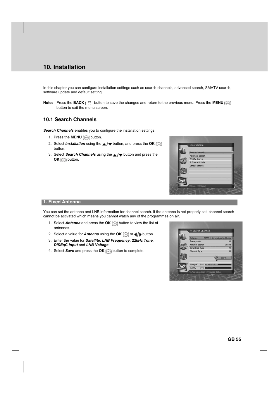 Installation, 1 search channels | Humax HDCI-2000 User Manual | Page 56 / 86