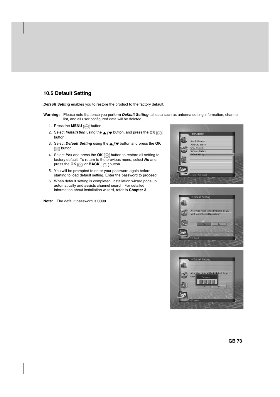 5 default setting, Gb 73 | Humax HDCI-2000 User Manual | Page 74 / 86