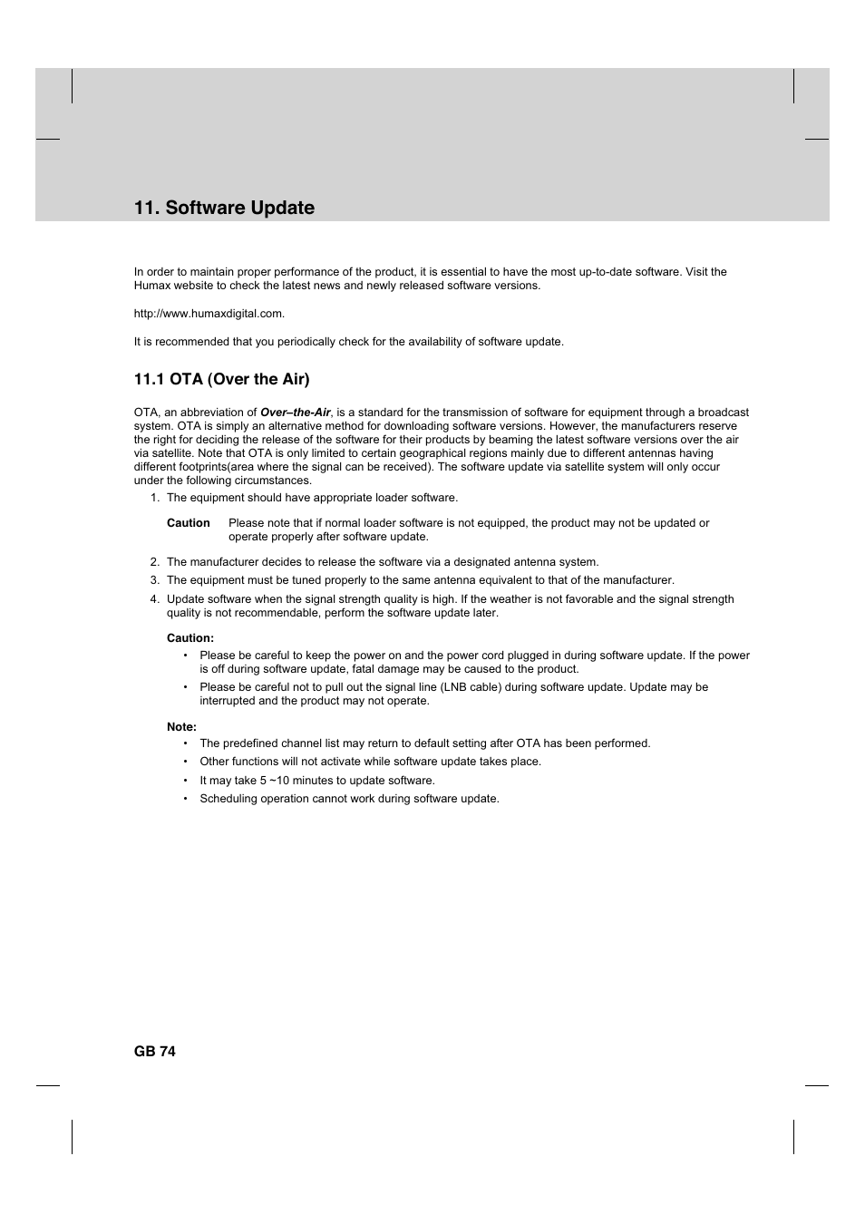 Software update, 1 ota (over the air), Gb 74 | Humax HDCI-2000 User Manual | Page 75 / 86