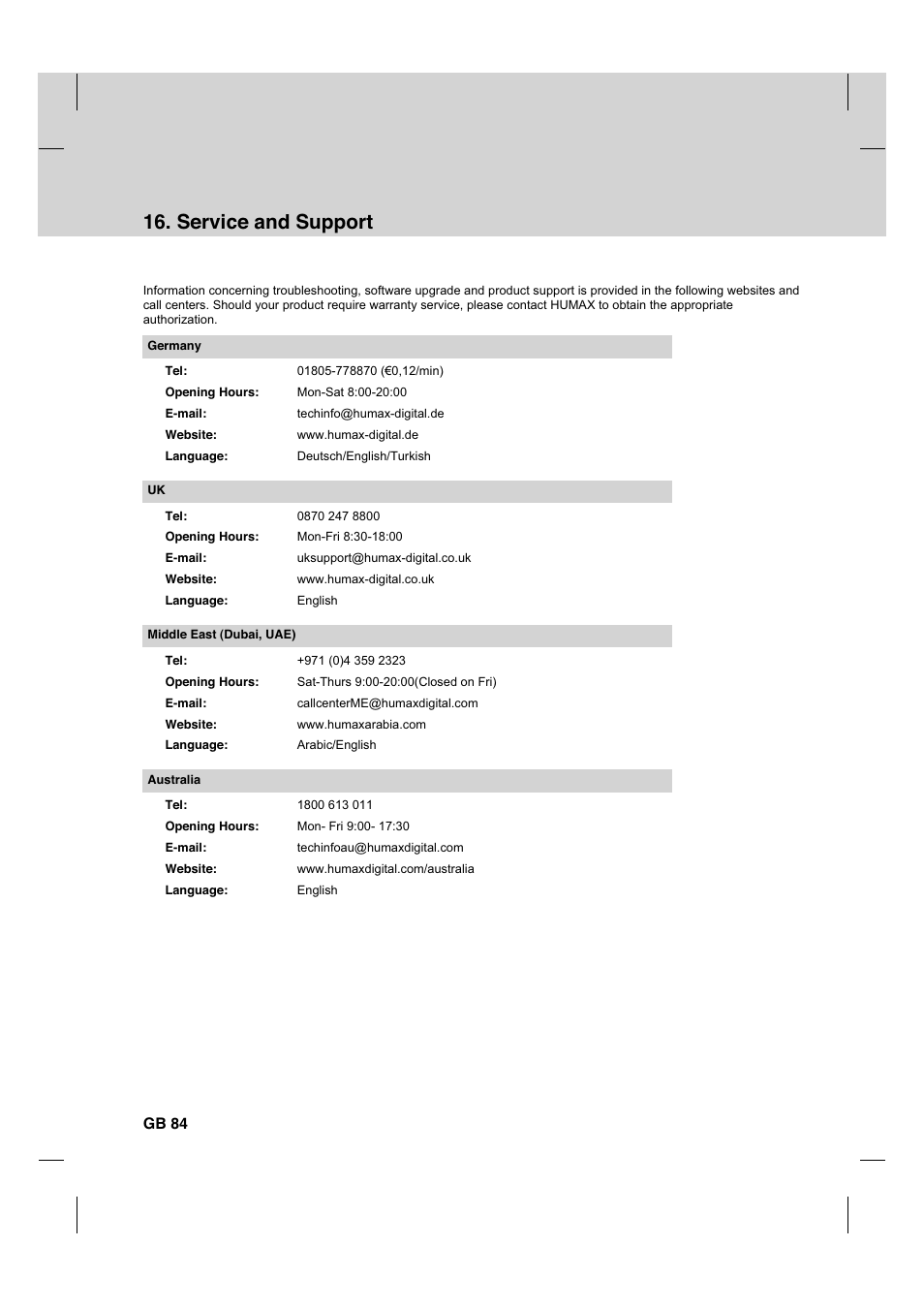 Service and support, Gb 84 | Humax HDCI-2000 User Manual | Page 85 / 86
