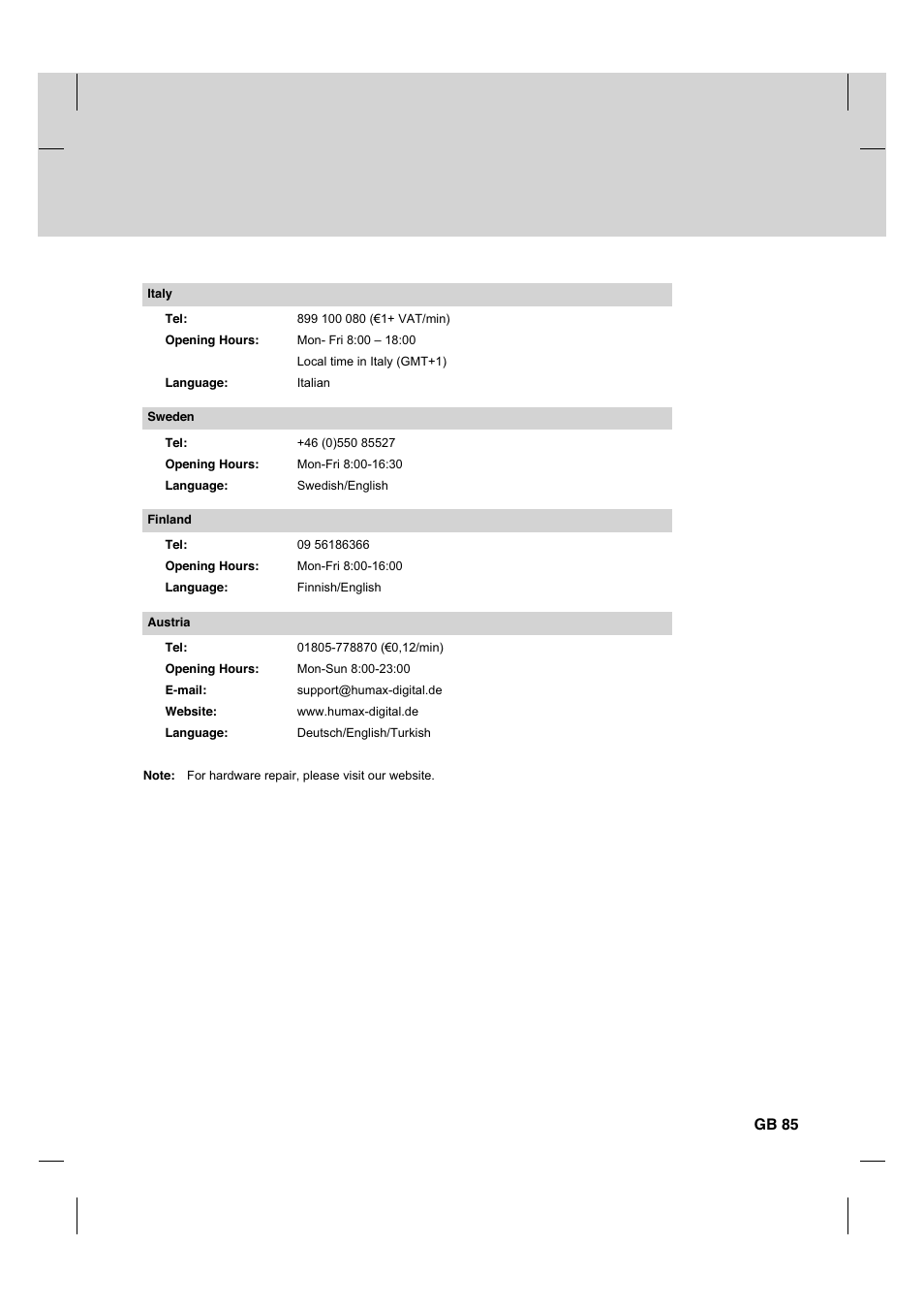 Gb 85 | Humax HDCI-2000 User Manual | Page 86 / 86