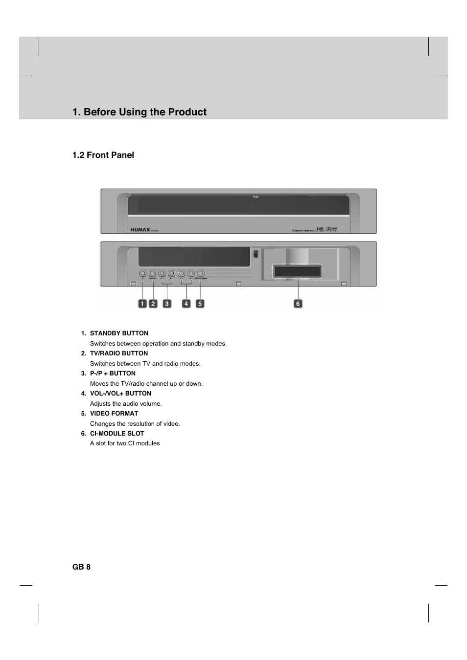 Before using the product, 2 front panel, Gb 8 | Humax HDCI-2000 User Manual | Page 9 / 86
