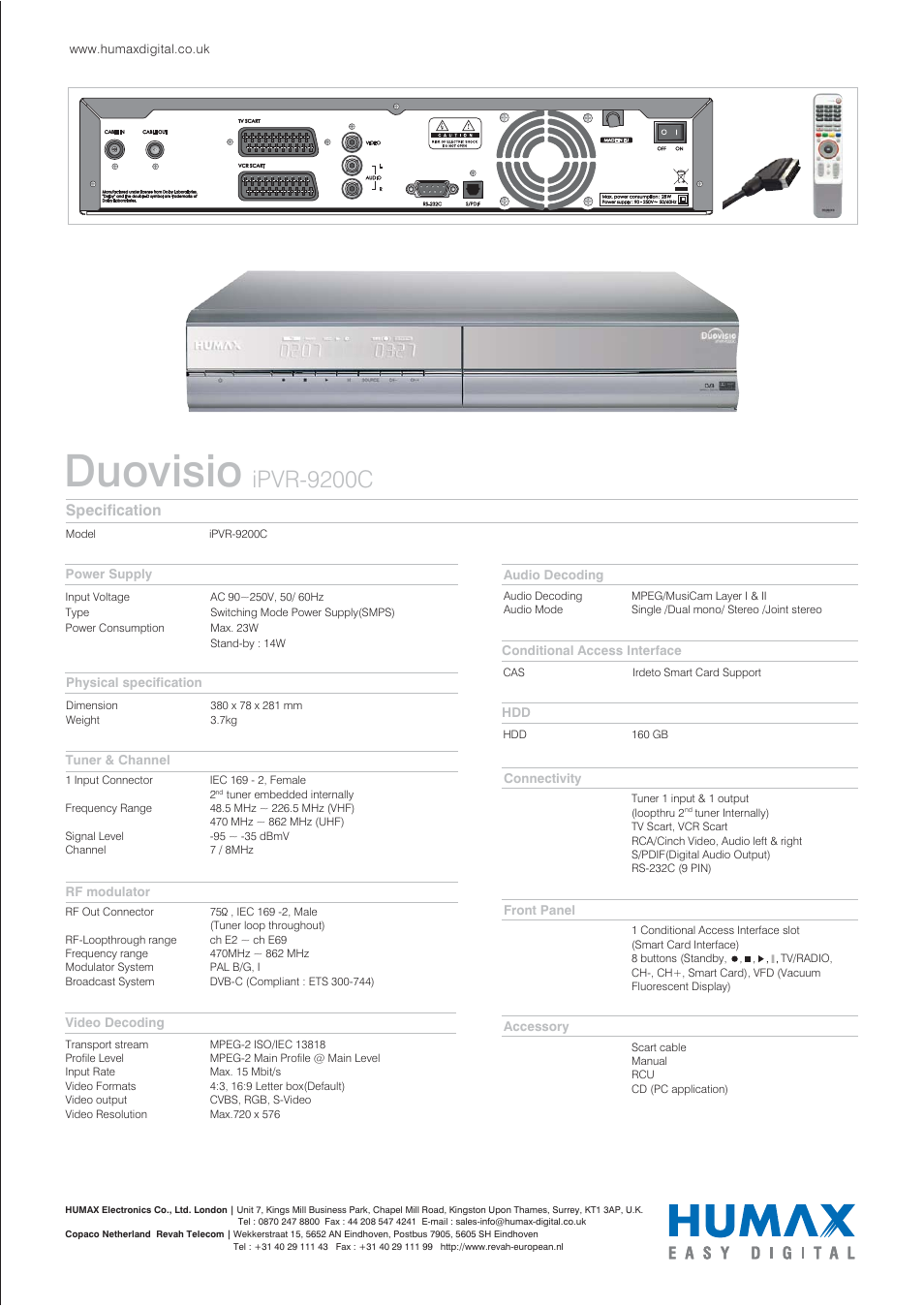 Duovisio, Ipvr-9200c, Specification | Humax Duovisio iPVR-9200C User Manual | Page 4 / 4