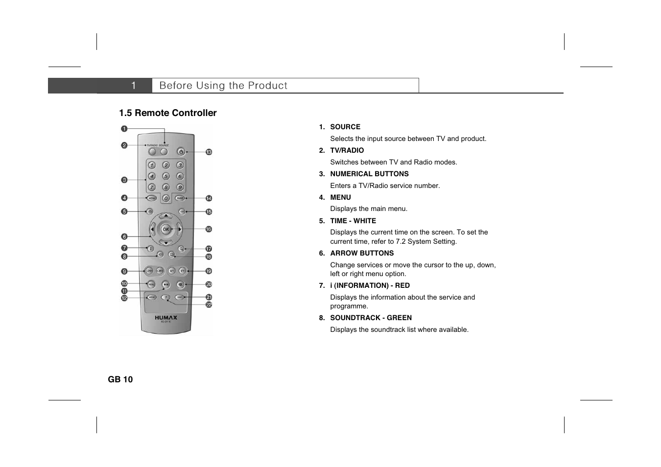 5 remote controller, Gb 10 | Humax IR-PLUS User Manual | Page 11 / 41