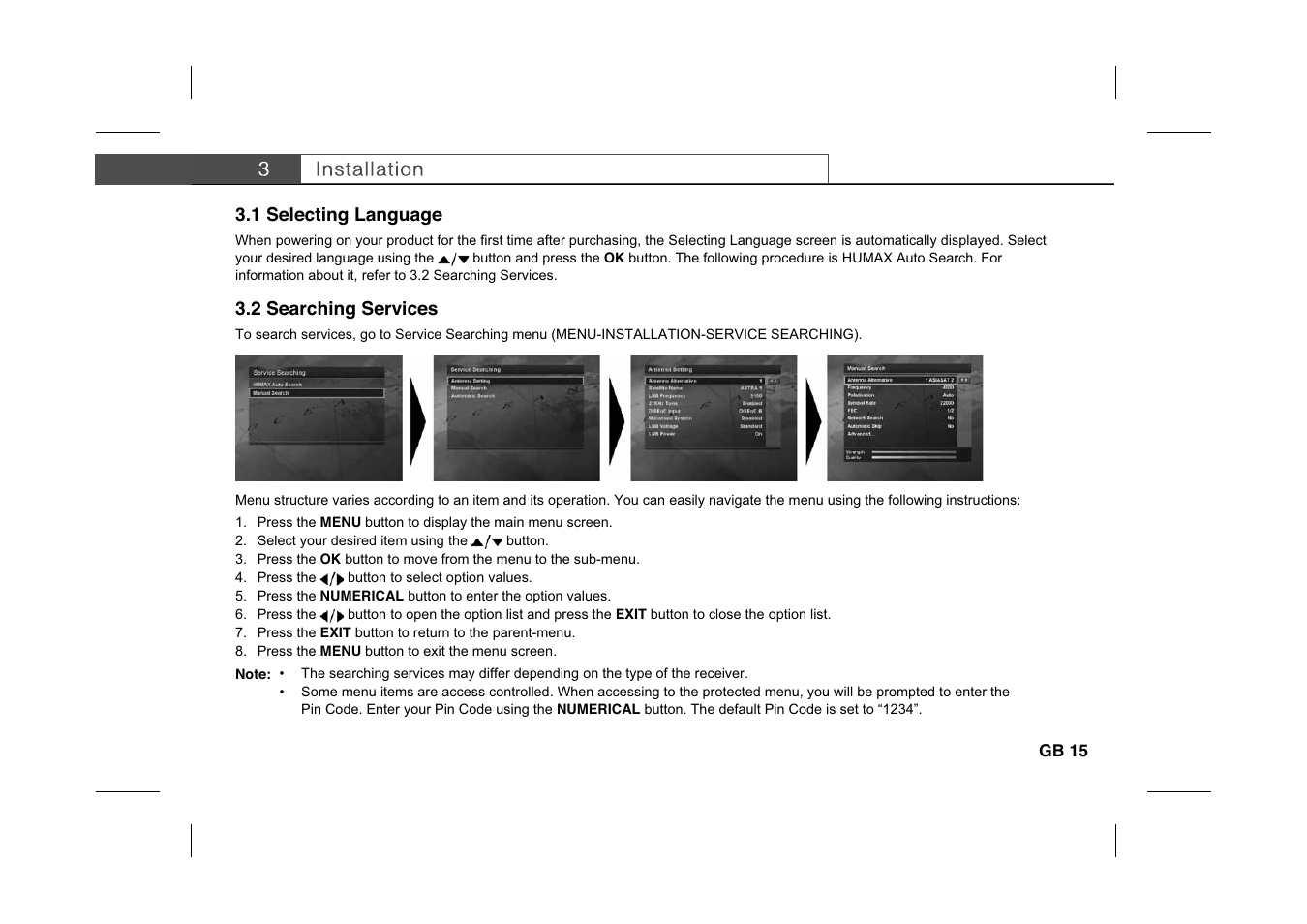 1 selecting language, 2 searching services | Humax IR-PLUS User Manual | Page 16 / 41