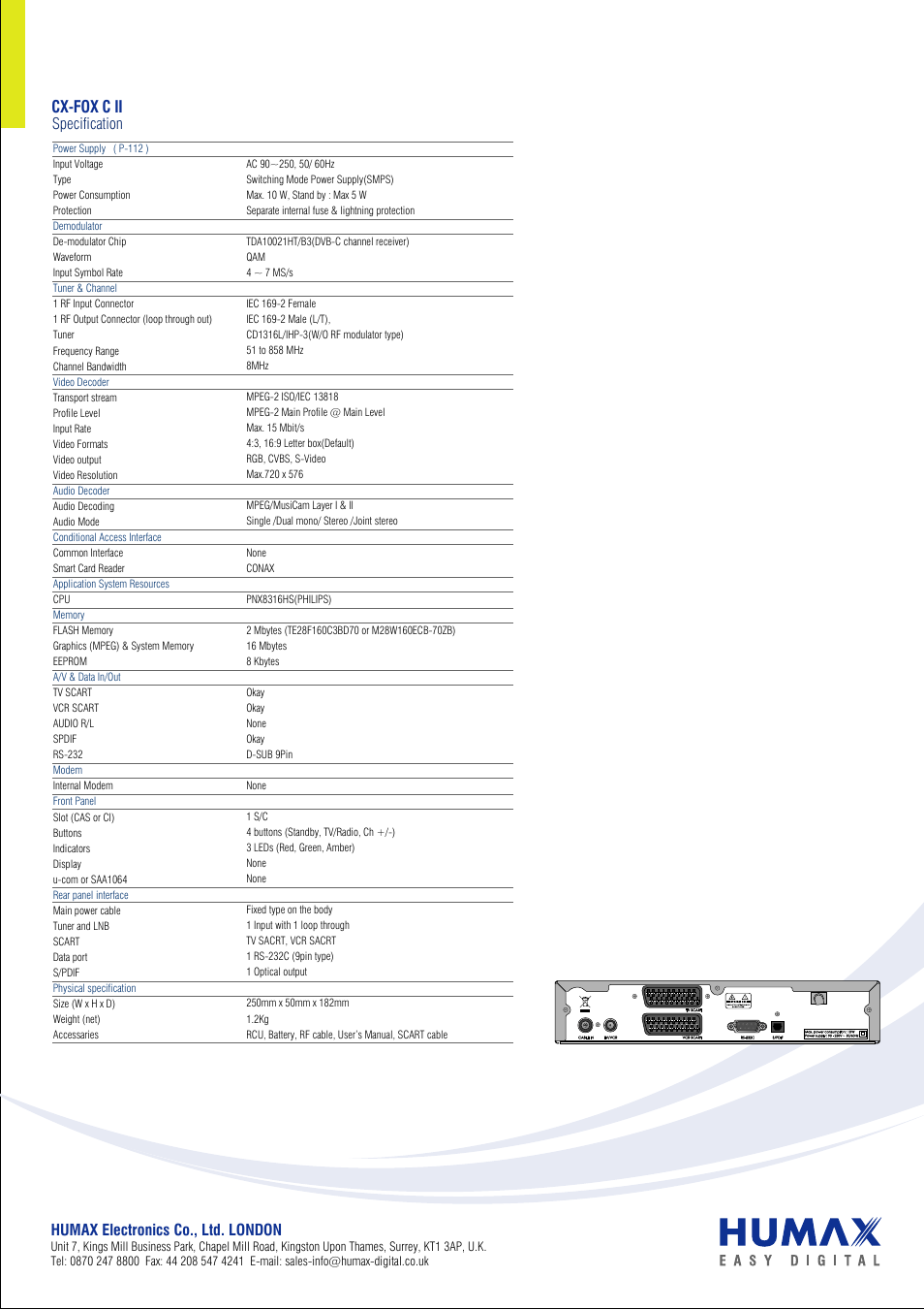 Cx-fox c ii, Digital cable set-top box | Humax DIGITAL CABLE SET-TOP BOX CX-FOX C II User Manual | Page 2 / 2