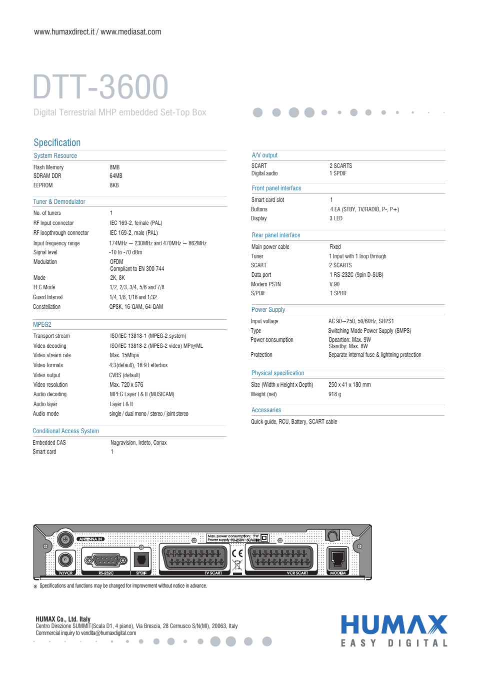 Dtt-3600, Specification, Digital terrestrial mhp embedded set-top box | Humax Conax DTT-3600 User Manual | Page 2 / 2
