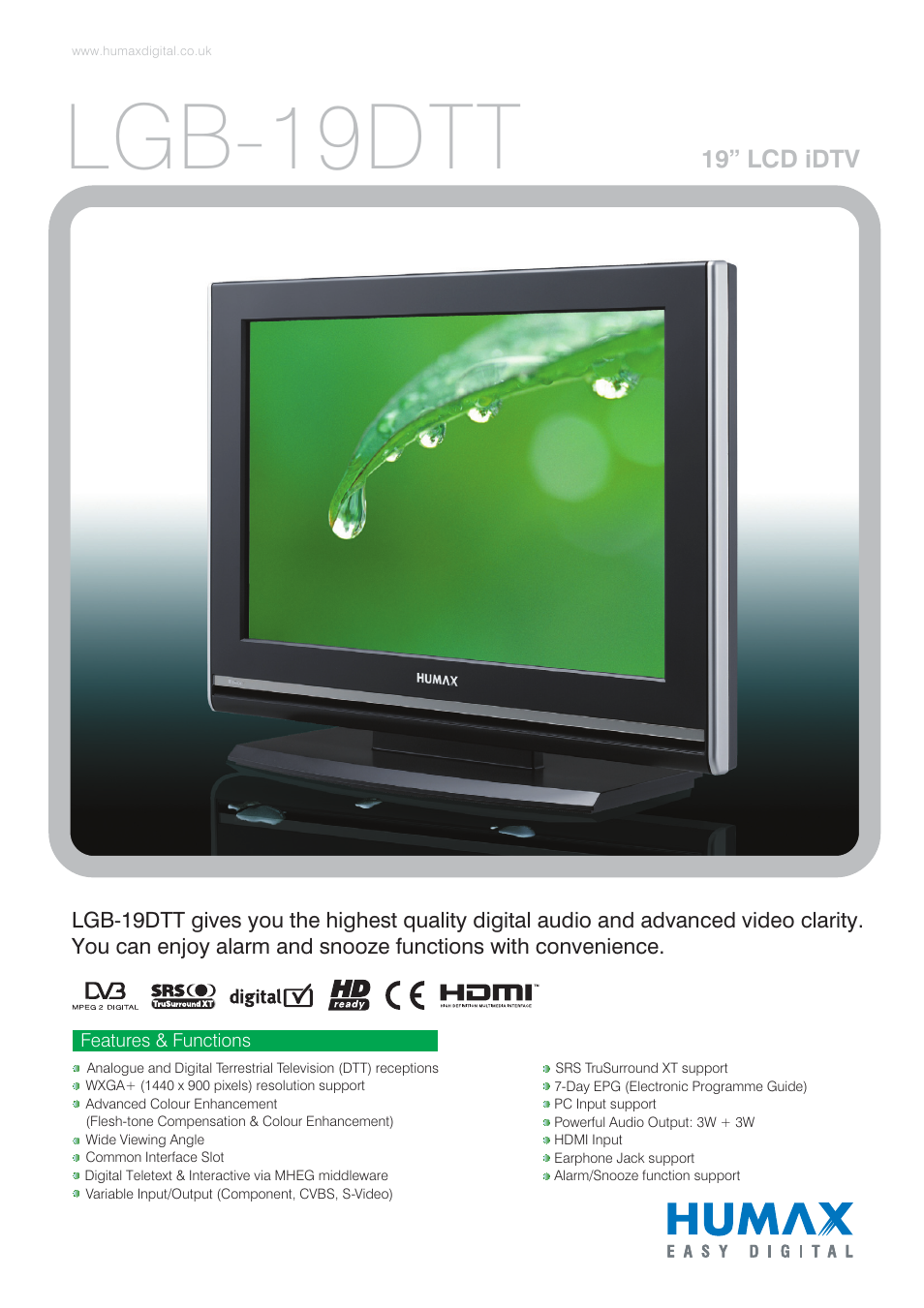 Humax LGB-19DTT User Manual | 2 pages