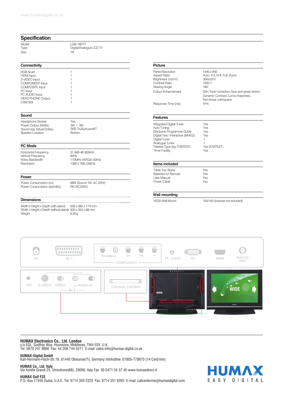Specification, Wide | Humax LGB-19DTT User Manual | Page 2 / 2