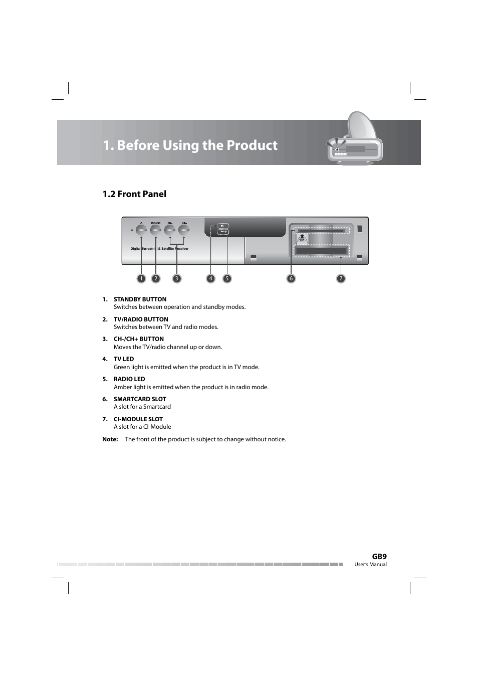 Before using the product, 2 front panel | Humax COMBO-9000 User Manual | Page 10 / 86